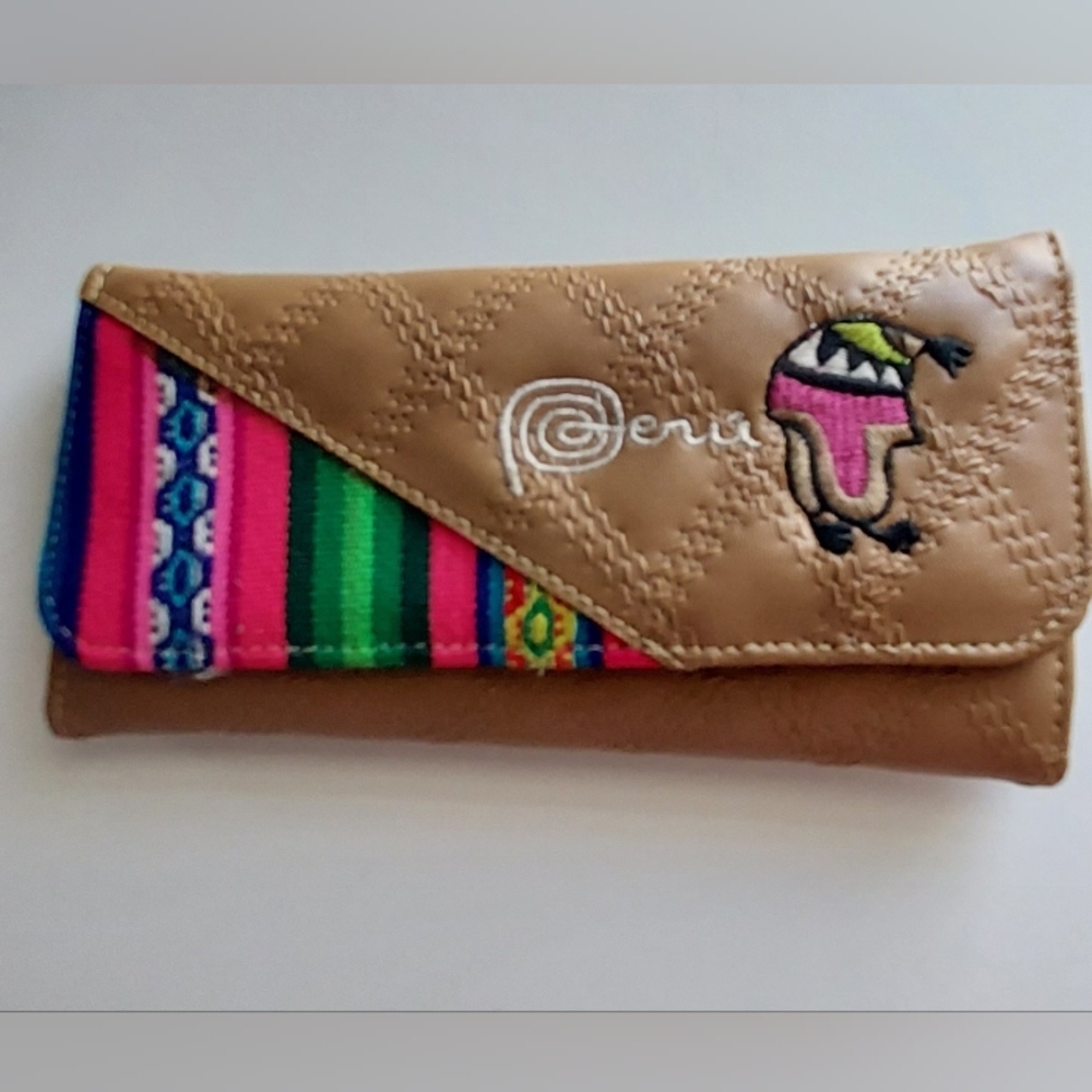 Peru Woven Embroidered Tan Brown Trifold Wallet Card Case Clutch